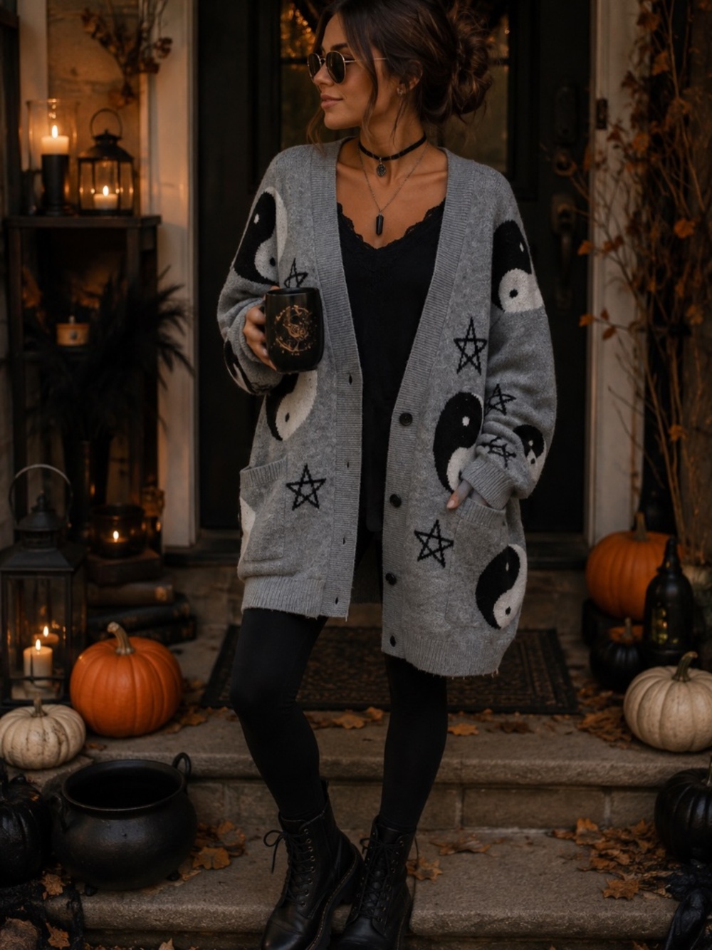 Gray Yin Yang Button-Front Cardigan Sweater